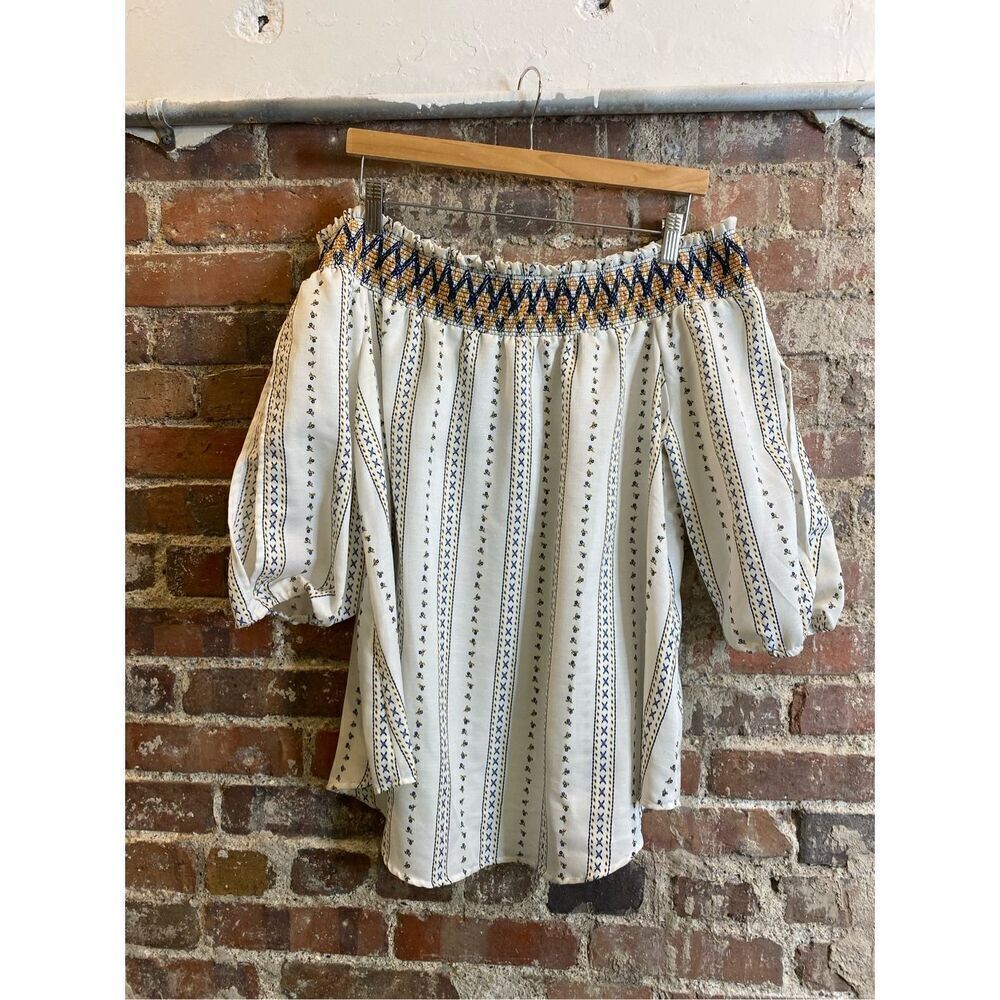 J by J.O.A. • White Blue/Yellow Pattern Cut out 3/4 Sleeve Boat-neck/Off-shoulde